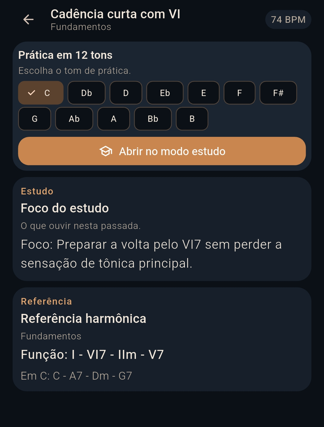Detalhes do estudo no Cavac em tema escuro